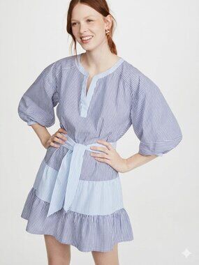 Parker Jenna Striped Mini Dress Tiered Ruffles Medium Belted Coastal
